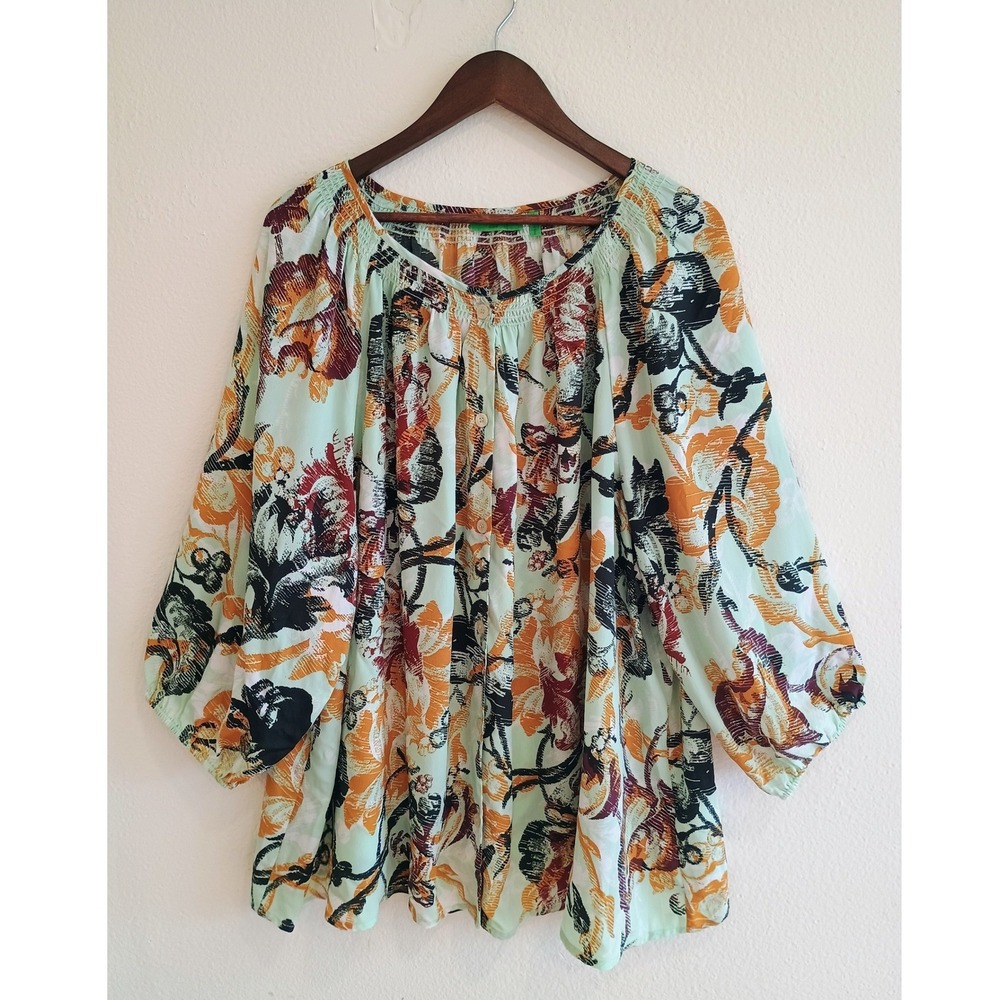 Logo Floral Button Front Blouse Mint Green Black 3/4 Sleeve Top Sz 3X Multicolor
